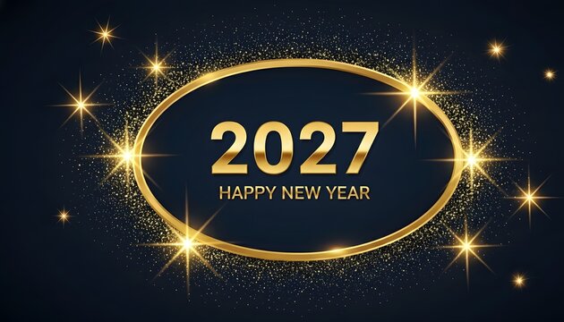Happy new year 2027 greeting card design with golden glitter frame and sparkling stars on dark background