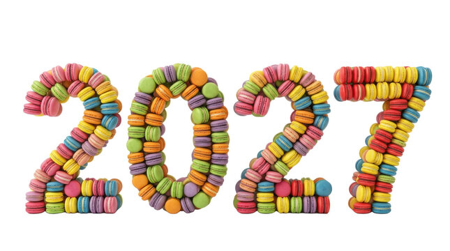 2027 year made of colorful macarons arranged in numbers PNG Isolated on transparent background