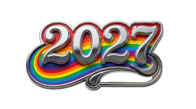 2027 year with rainbow colors and chrome effect text PNG Isolated on transparent background