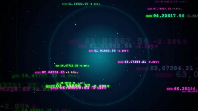 Abstract digital data stream with floating financial numbers and stock market statistics on dark background