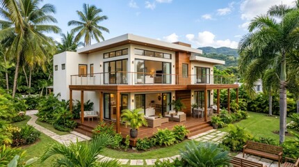 Fototapeta premium A modern, two-story house with a wooden exterior and a tropical garden, featuring a wooden deck and a palm tree in the background.