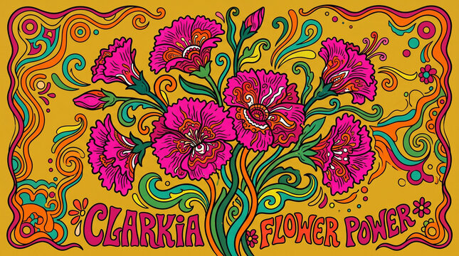 Vibrant psychedelic clarkia flower illustration featuring intricate patterns and bold colors in a retro hippie style
