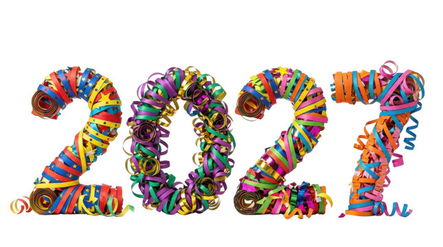 New Year 2027 celebration streamers and confetti numbers PNG Isolated on transparent background