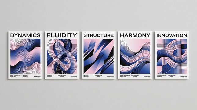 Set of five modern geometric posters with abstract gradient art on a grey wall.