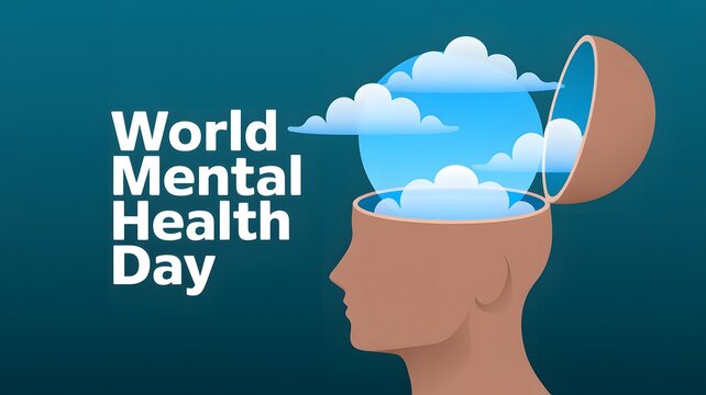 World mental health day conceptual illustration with human head silhouette and clouds inside for psychological awareness