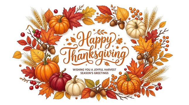 Happy thanksgiving watercolor wreath with pumpkins and autumn leaves