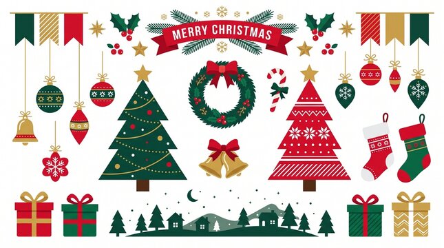Christmas design elements set with trees, ornaments, and holiday decorations on white
