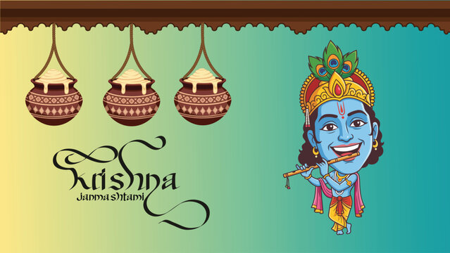 Happy Krishna Janmashtami Greeting Card Design Celebrating the Birth of Lord Krishna with Cute Flute Playing Bal Gopal and Peaceful Natural Scener with calligraphy font