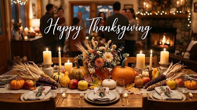 Festive thanksgiving table setting with candles and autumn decor