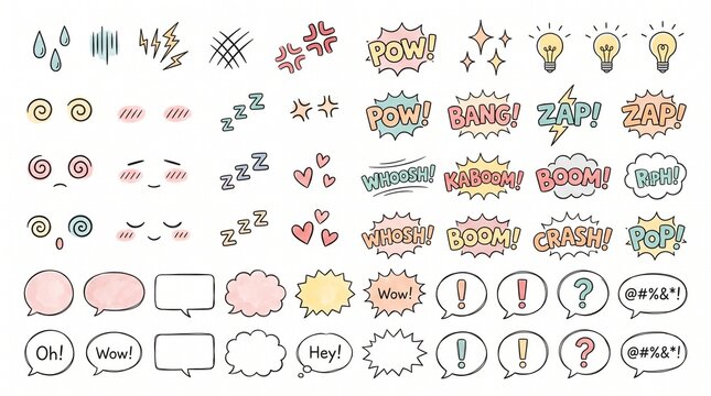 Manga expression icons and comic speech bubbles set for graphic design and illustration