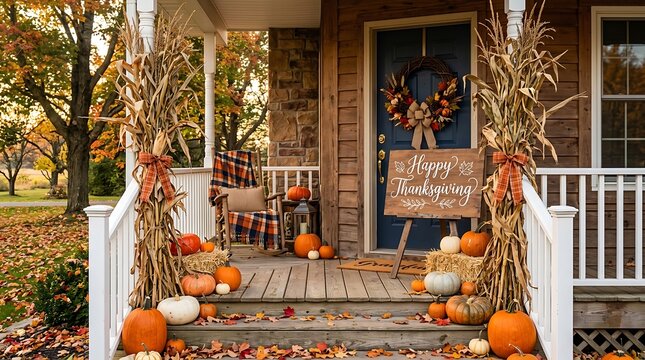 Festive autumn porch decorated with pumpkins and fall foliage