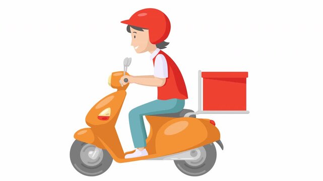 Vector illustration of a delivery person riding a scooter with a red storage box on the back for fast package and food transport services