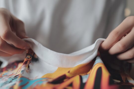 concept of branded festival products. Gen Z. Person holding colorful graphic t-shirt with white collar, focusing on fabric texture and design details in indoor setting