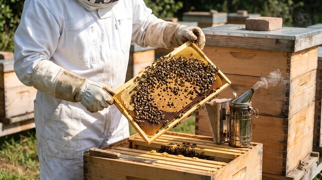Professional beekeeper inspecting honeycomb frame in apiary. Beekeeper in white protective suit working with honey bees and smoker.