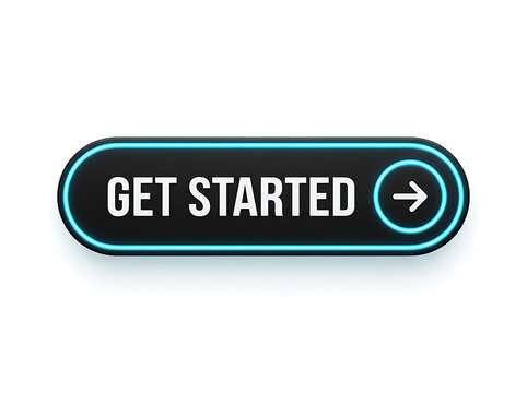 Get started button with neon blue glow and arrow icon isolated on white background