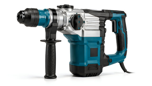 Rotary hammer drill blue and silver for construction work.