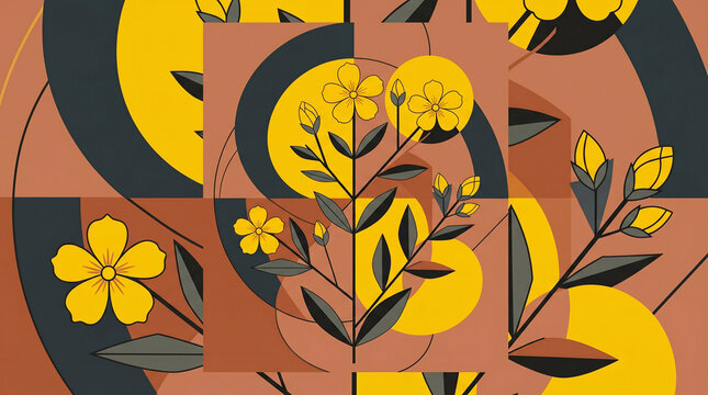 Stylized yellow flowers combined with geometric circles and sharp lines in modern aesthetic flat design art