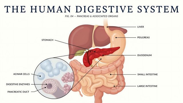 Human digestive system diagram with pancreas and organs labeled