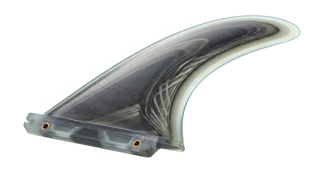 Single fiberglass surfboard fin with carbon fiber texture isolated on white background.