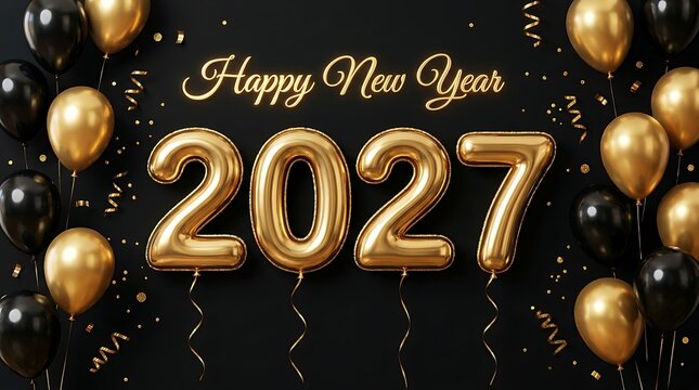 Happy new year 2027 gold balloons on black background