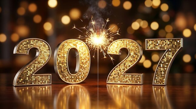 Gold 2027 numbers with a sparkling sparkler on a wooden table