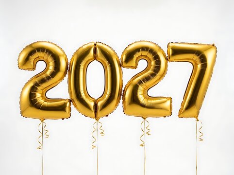 Gold foil balloons forming the number 2027 isolated on white background