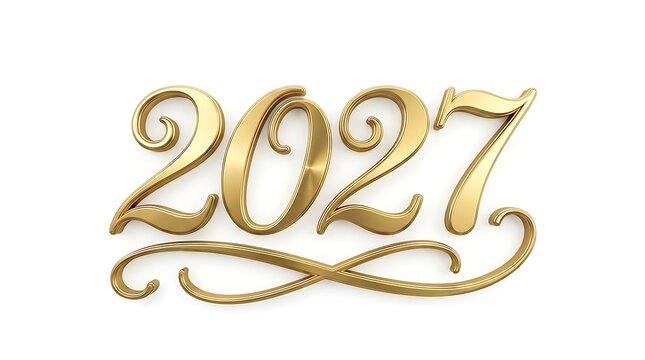 Golden 2027 year sign with elegant decorative flourish isolated on white background