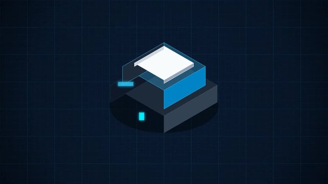 Abstract motion render of isometric 3D blue wireframe cubes constructing on a digital tech grid background