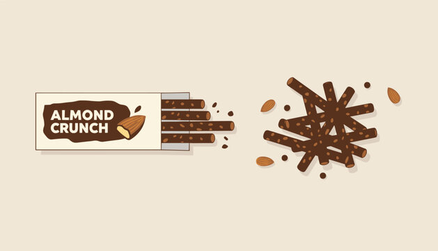 Almond crunch chocolate covered biscuit sticks with open box packaging and scattered almond nuts on a warm cream background.