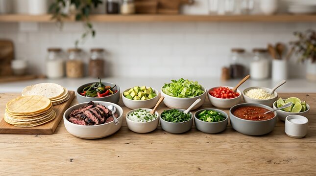 Fresh taco bar ingredients with tortillas and various bowls of toppings on a kitchen counter. taco station setup