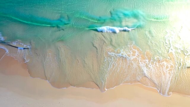Aerial turquoise ocean waves crashing on sandy beach, tropical sea water foam texture, peaceful coastal shoreline landscape