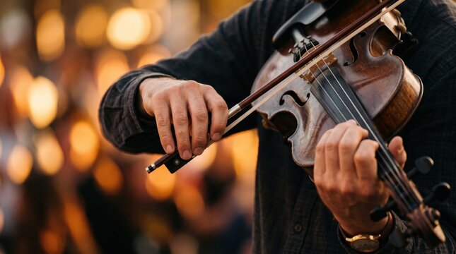 Close up of musician playing violin with focus on hands and bow, classical music performance, artistic expression, cultural event atmosphere, string instrument detail