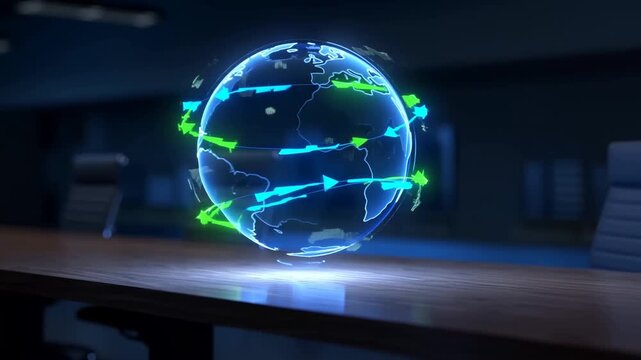 Futuristic digital globe hologram on office desk, glowing blue earth map with data arrows, global business logistics and connectivity concept