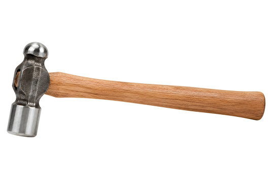 Classic ball peen hammer with wooden handle for metalwork.