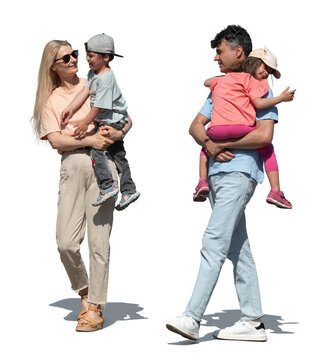 Parents walking in the street and carrying their children in their arms. PNG image isolated on transparent and white background.