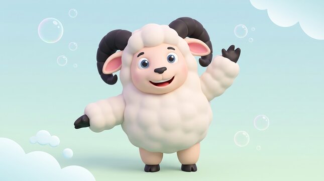 Cute 3D cartoon sheep character waving, fluffy white ram with black horns, friendly animal mascot on soft blue background