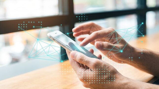 Close up hands using smartphone with augmented reality digital network connection graphics overlay, mobile technology communication, social media networking, internet connectivity