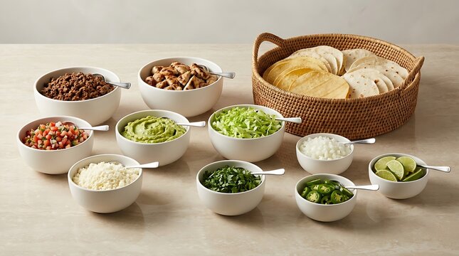 Bowls of fresh ingredients for tacos with corn tortillas in a woven basket. taco station setup