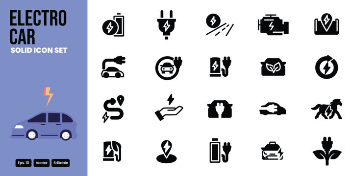 electro car solid icon set vector design good for web and mobile app