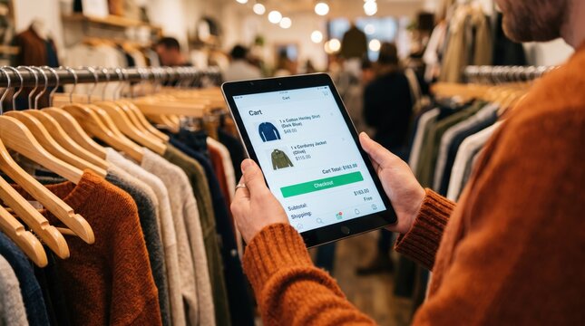 Customer in clothing boutique holding tablet computer displaying digital shopping cart and checkout screen, reviewing selected fashion items like shirts and jackets with total