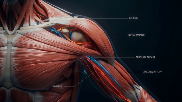 Anatomical illustration of human shoulder muscles and axillary artery