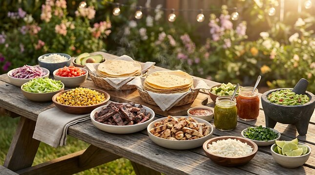 Mexican taco bar with bowls of meat, vegetables, and tortillas on a wooden table in the garden. taco station setup