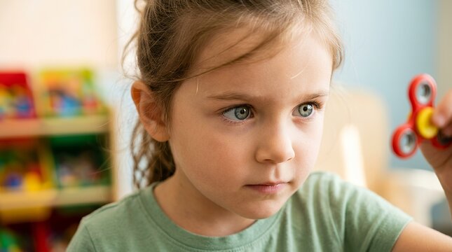 Close-up of young girl concentrating while tracking colorful vision therapy toy with focused eyes