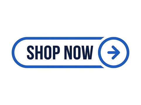 Outline style shop now button with blue arrow icon