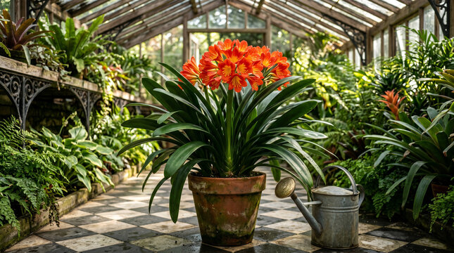 Vibrant orange clivia flowers blooming inside an old weathered terracotta pot within a rustic greenhouse setting