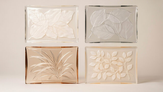 Four rectangular glass tiles with embossed botanical reliefs in clear, grey, amber, and