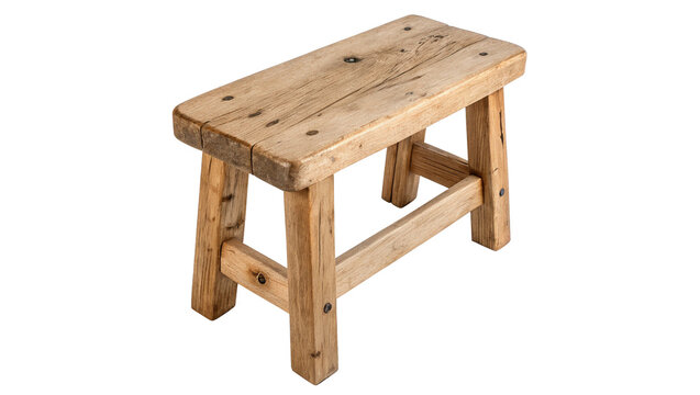 Rustic vintage small wooden step stool bench isolated on transparent background