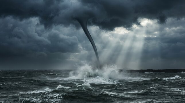 Intense waterspout forming over dark ocean waves under dramatic storm clouds.
