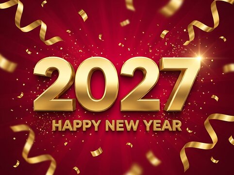 Happy new year 2027 gold 3d numbers with confetti on red background