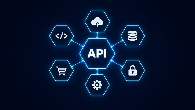 Glowing blue API integration concept with connected hexagonal icons for cloud, database, security, and coding on a dark background representing software development.